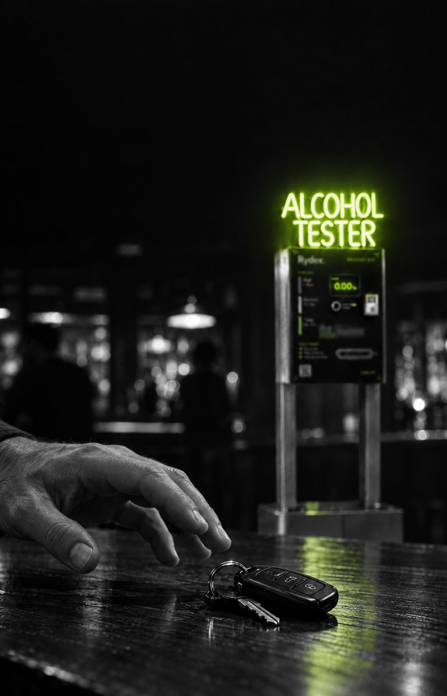 A hand reaching for car keys on a bar table, a Breathly with its green Alcohol Tester neon sign blurred in the background