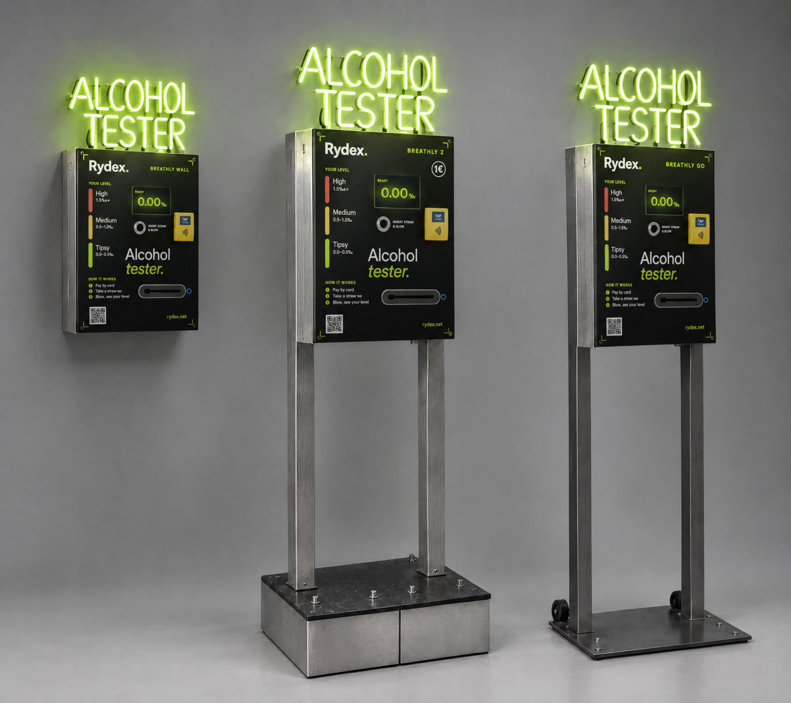 The three Breathly machines in a grey studio, each with a lime green Alcohol Tester neon sign: Breathly Wall mounted on the wall, Breathly 2 on its heavy base, Breathly Go on a ballast plate with wheels