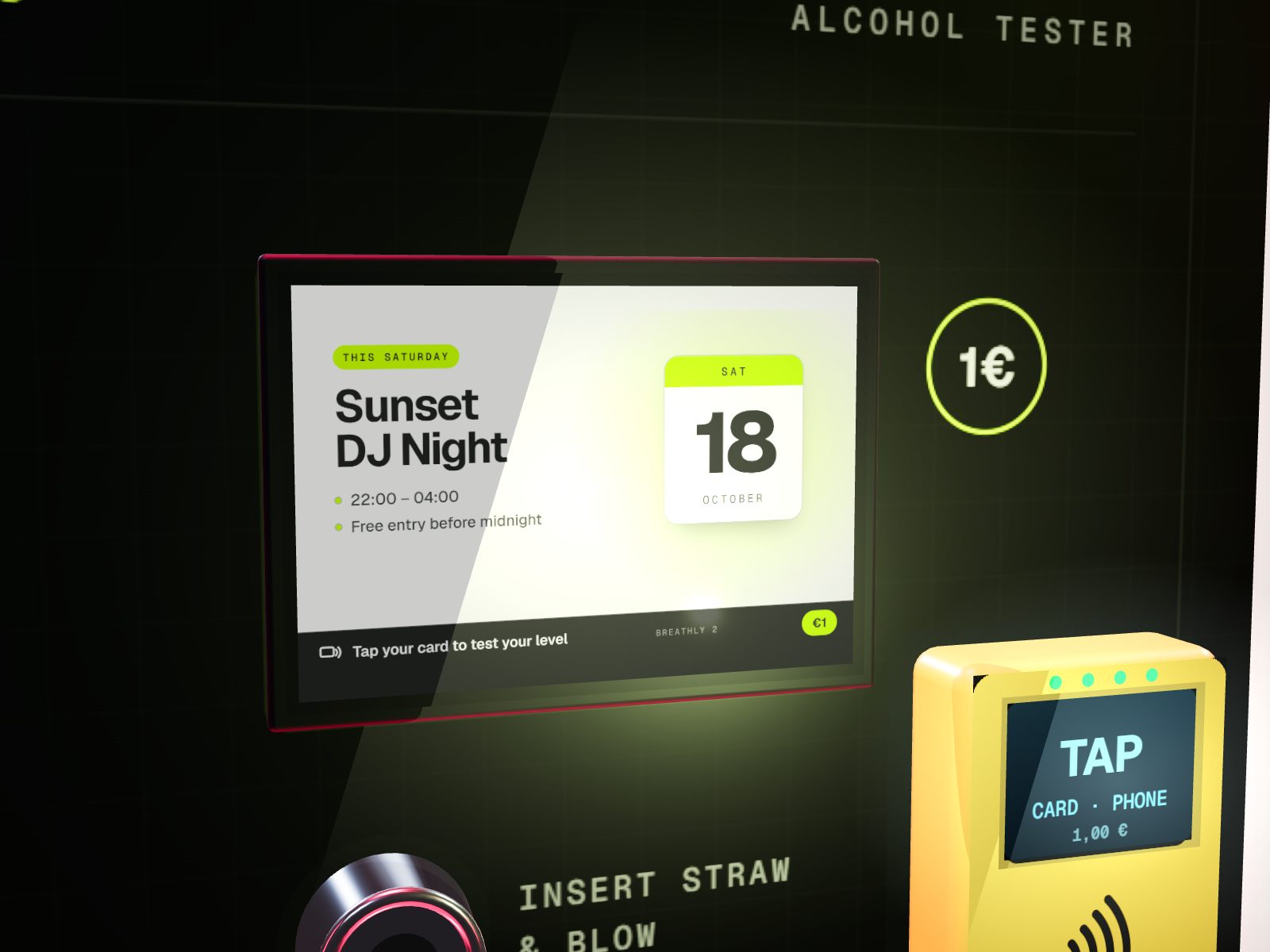 Breathly screen announcing a Sunset DJ Night on Saturday 18 October, 22:00 to 04:00