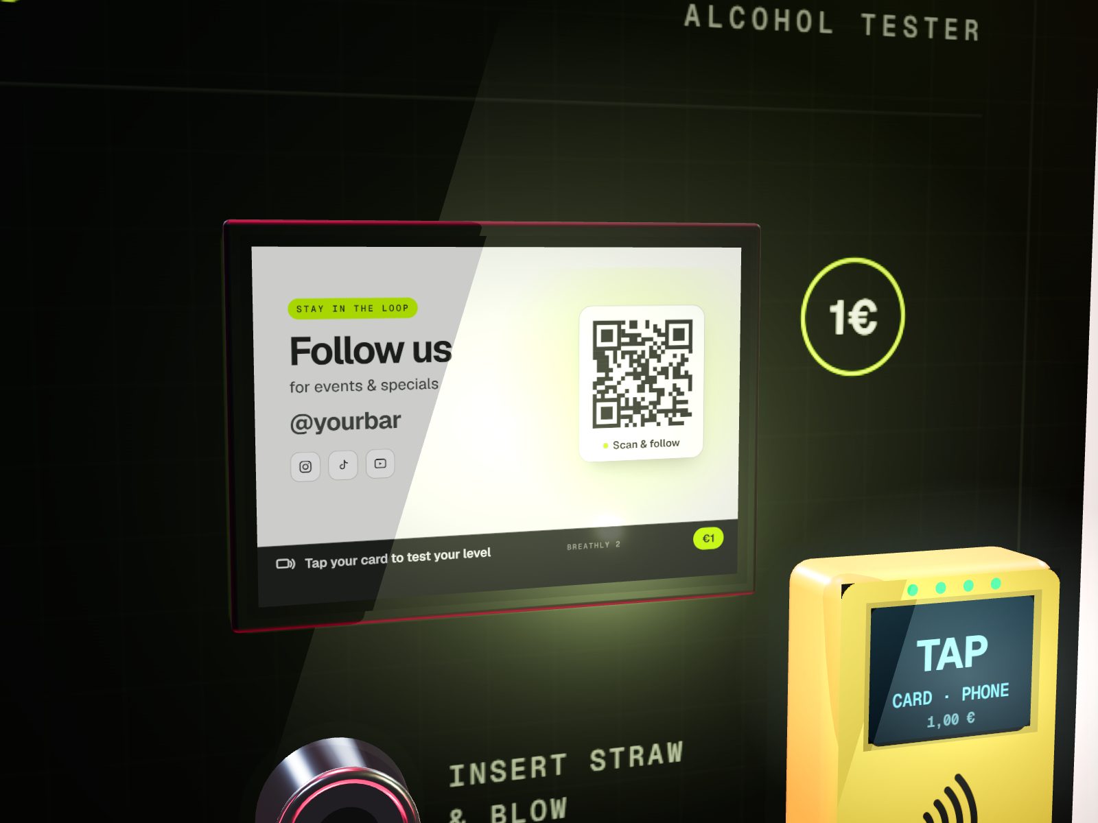 Breathly screen with a follow us message, social handle and QR code